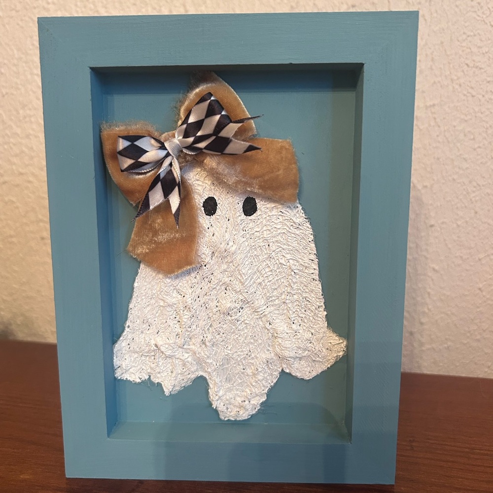 Handmade Blue Framed Ghost Art with Bow